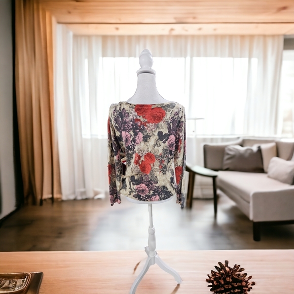 Talbots 100% Pure Merino Wool Sweater Medium Petite Red Tan Floral Long Sleeve - Picture 5 of 6